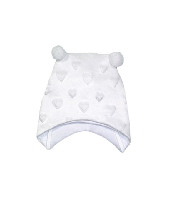 GAJI / Čiapka s bambuľkami minky - biela srdcia