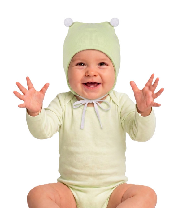 GAJI / Čiapka s bambuľkami obojlíc - pistaciová