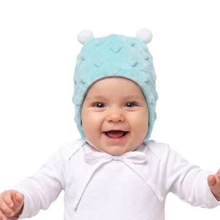 GAJI / Čiapka s bambuľkami minky - tyrkys srdcia